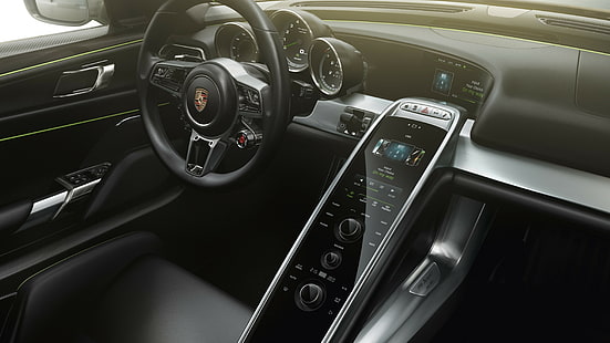 Siyah araba ön iç, Porsche 918, Spyder, hibrit, elecric araba, En İyi Elektrikli Otomobil 2015, spor araba, iç, test sürüşü, en iyi dişli, HD masaüstü duvar kağıdı HD wallpaper