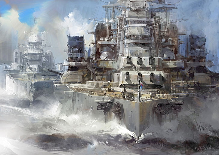 white and black industrial machine, warship, military, vehicle, ship, artwork, HD wallpaper