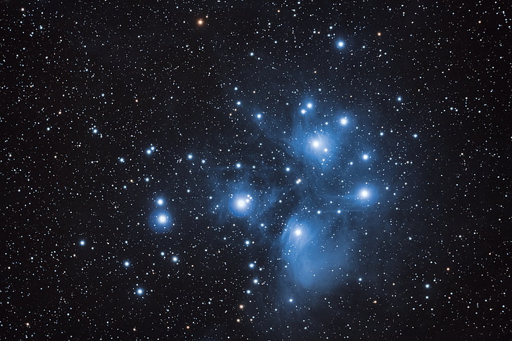 Toros takımyıldızında galaksi duvar kağıdı üzerinde yıldızlar, Pleiades, M45, yıldız kümesi,, HD masaüstü duvar kağıdı
