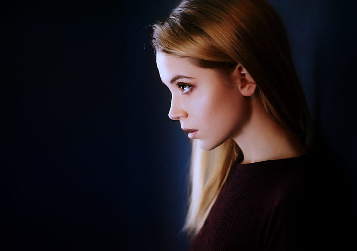 women, Ksenia Kokoreva, portrait, face, Maxim Maximov, red sweater, profile, simple background, HD wallpaper