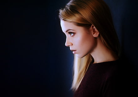 women, Ksenia Kokoreva, portrait, face, Maxim Maximov, red sweater, profile, simple background, HD wallpaper HD wallpaper