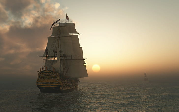 Schooner Ship Sail Ship Sunset Ocean CG HD, digital/artwork, ocean, sunset, cg, ship, sail, schooner, HD wallpaper