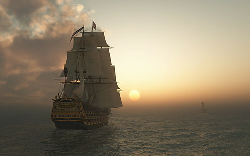 Schooner Ship Sail Ship Sunset Ocean CG HD, digital / artwork, ocean, sunset, cg, barco, vela, goleta, Fondo de pantalla HD HD wallpaper