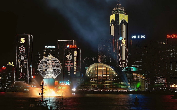 المدينة ، الليل ، الأضواء ، هونغ كونغ، خلفية HD