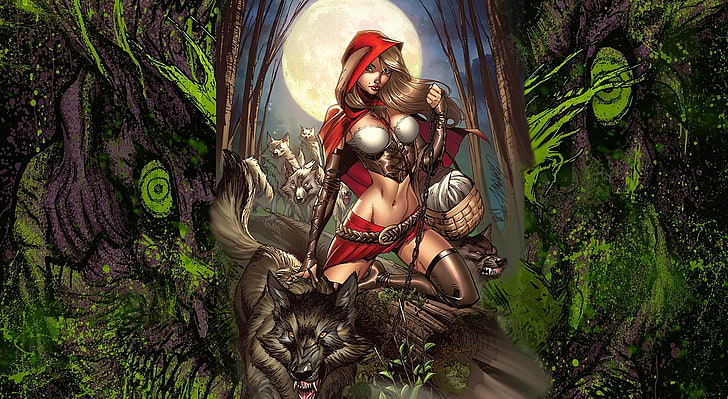 Little Red Riding Hood dengan Serigala di ..., Kartun, Lainnya, Wallpaper HD
