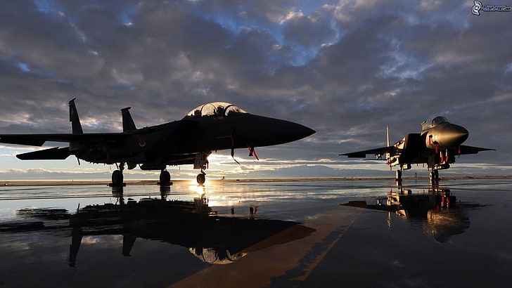เครื่องบินขับไล่ไอพ่นสีดำสองลำกองทัพแมคดอนเนลล์ดักลาส F-15E Strike Eagle กองทัพอากาศสหรัฐเครื่องบินทหารยานพาหนะเครื่องบิน, วอลล์เปเปอร์ HD