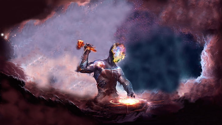 male character holding hammer wallpaper, universe, hammer, space, nebula, galaxy, artwork, HD wallpaper