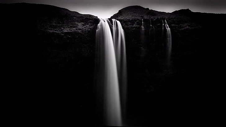 Wasserfälle in der Nähe von Berg, Natur, Felsen, Wasserfall, Monochrom, Langzeitbelichtung, HD-Hintergrundbild