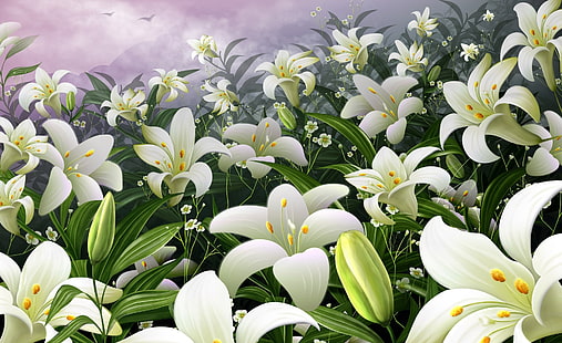 Белые лилии, ложе из белых цветов, обои, праздники, пасха, лилии, счастливая пасха, пасхальный цветок, пасхальный праздник, белые лилии, HD обои HD wallpaper