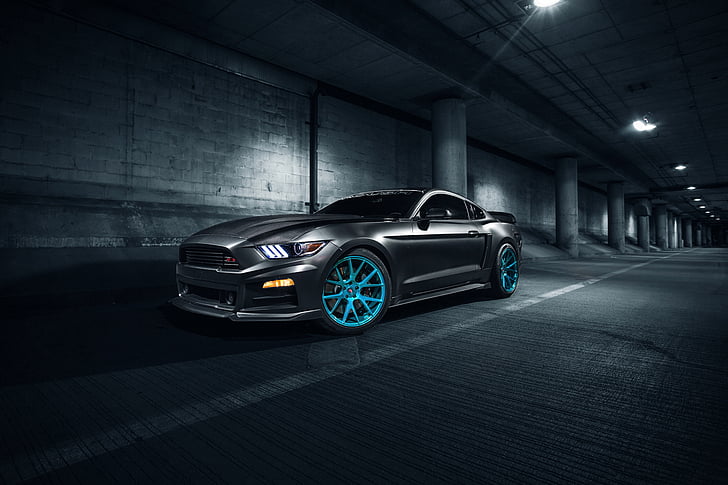 szary Ford Mustang na szarej drodze, Ford Mustang, ROUSH Performance, Vossen, Pirelli, Tapety HD