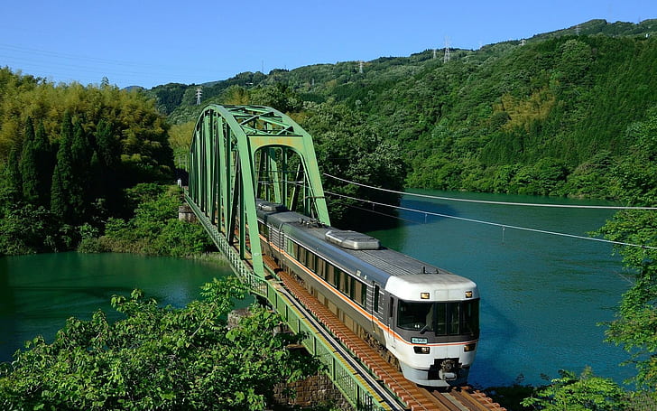 Train Crossing A Bridge Over A Beautiful River, river, tracks, bridge, train, forests, nature and landscapes, HD wallpaper