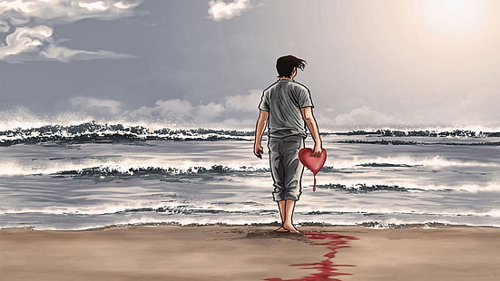 heart, blood, sea shore, sand, beach, boy, love, man, heart break, waves, romantic, HD wallpaper HD wallpaper