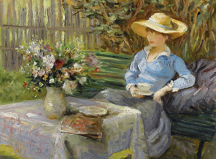 цветя, маса, букет, картина, ваза, жанр, Марсилия Диф, седнал на пейката, млада жена, HD тапет