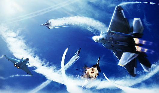 Ace Combat Infinity, céu, lutador, fogo, nuvens, explosão, combate, Ace Combat Infinity, Project Aces, Namco Bandai Games, HD papel de parede HD wallpaper