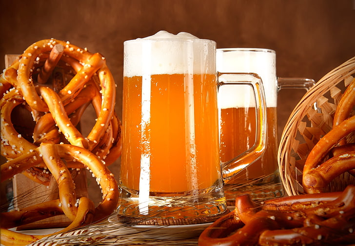 clear glass mug, foam, basket, beer, glasses, ears, the pretzels, HD wallpaper