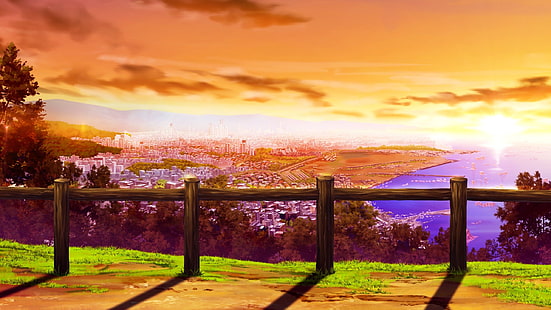 gensou أي فكرة ، مناظر الأنيمي ، غروب الشمس ، الرواية المرئية ، مناظر المدينة ، المباني ، الرسوم المتحركة، خلفية HD HD wallpaper