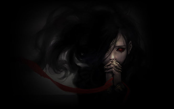 female animated character wallpaper, horror, blacked out eyes, anime girls, red eyes, dark, HD wallpaper