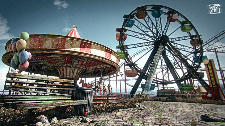 carnavales, al aire libre, ruina, globo, rueda de la fortuna, Fondo de pantalla HD