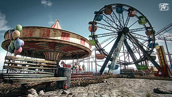 carnavales, al aire libre, ruina, globo, rueda de la fortuna, Fondo de pantalla HD HD wallpaper