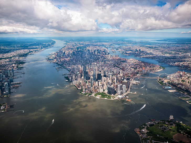 высотные здания, нью-йорк, вода, река, городской пейзаж, городские, лодка, небоскреб, здание, старое здание, HD обои