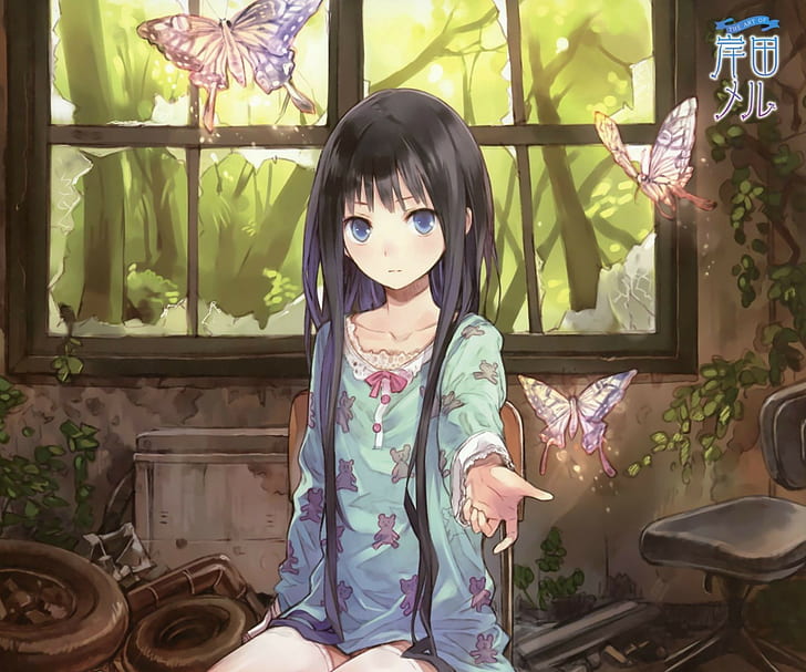 gadis anime, kupu-kupu, Wallpaper HD