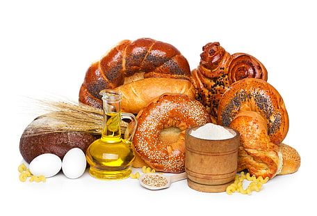 gebackenes Brot;Speiseöl;weiße Eier;weizenstangen, brot, mohn, samen, oliya, butter, weiß, eier, mais, mehl, teigwaren, HD-Hintergrundbild HD wallpaper