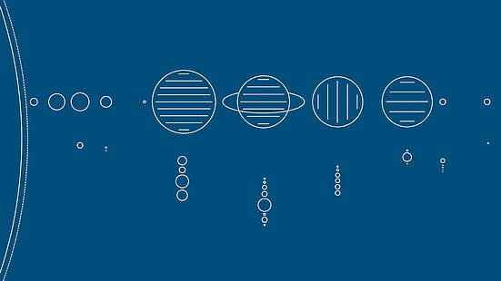 синий фон, простой, минимализм, абстрактный, Солнечная система, планета, пространство, Солнце, Земля, Луна, Марс, Венера, Меркурий, Юпитер, Сатурн, Уран, Нептун, Плутон, круг, линии, HD обои HD wallpaper