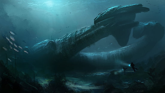 фэнтези-арт, подводный, море, фантастика, подводное плавание, инопланетный корабль, дайвинг, океан, дайверы, фантастика, дайвер, научная фантастика, HD обои HD wallpaper
