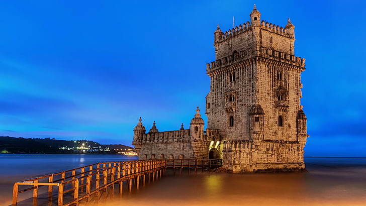 トーレデベレン、ベレンの塔、リスボン、ポルトガル、夕暮れ、夜、塔、歴史、歴史、ヨーロッパ、テージョ川、 HDデスクトップの壁紙