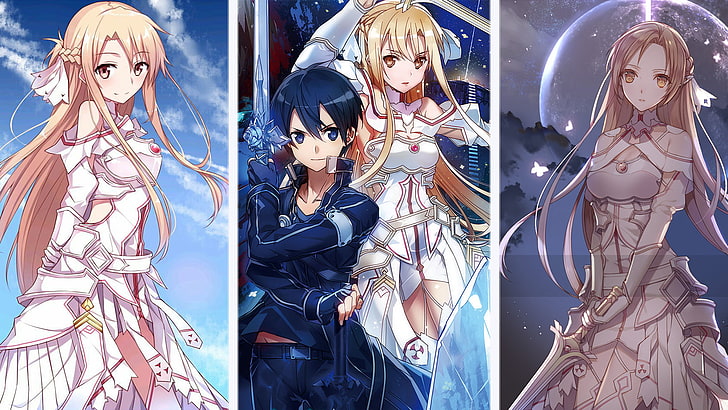 collage di carta da parati di personaggi di anime femminili dai capelli blu e blu, Sword Art Online, Sword Art Online: Alicization, Asuna Yuuki, Kirito (Sword Art Online), Sfondo HD