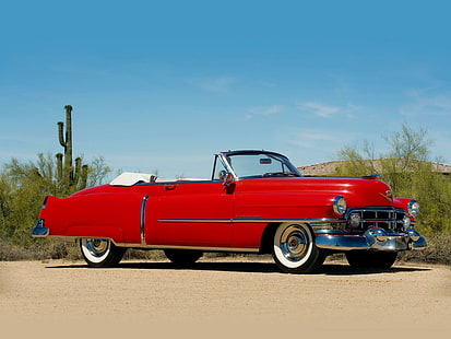 1952 Cadillac Sixty Two Convertible, красный винтажный автомобиль, купе, кабриолет, винтаж, 1952, шестьдесят, классика, антиквариат, автомобили, HD обои HD wallpaper