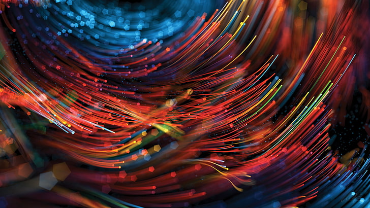 illustration abstraite multicolore, macrophotographie de chaînes rouges et bleues, résumé, 3D, fibre optique, Mario Tran Phuc, profondeur de champ, Fond d'écran HD
