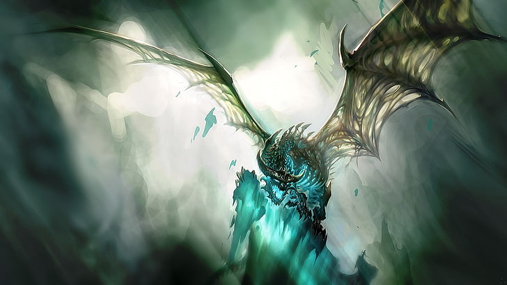 blue and gray dragon illustration, world of warcraft, dragon, wings, light, face, HD wallpaper