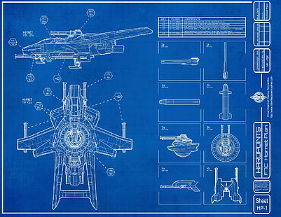 blått tryck illustratino, F7C Hornet, Star Citizen, schematisk, ritningar, videospel, HD tapet HD wallpaper