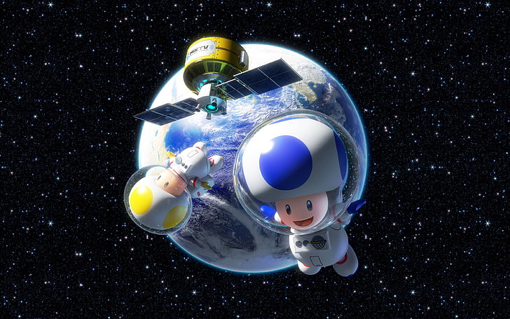 Wallpaper digital astronot Super Mario Toad, Kodok (karakter), luar angkasa, video game, Mario Kart 8, Nintendo, astronot, Earth, Mario Kart, Wallpaper HD