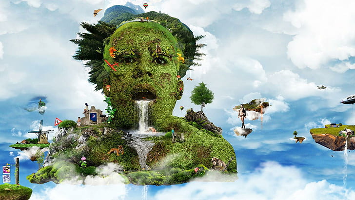 Earths Creatures, human form island poster, earths, abstract, creatures, collages, 3d and abstract, HD wallpaper