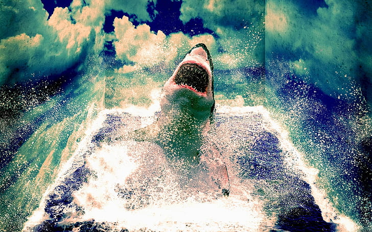 3d, animals, art, artistic, CG, clouds, digital, fangs, jaws, manipulation, mind, movies, nature, ocean, psychedelic, scary, sea, sharks, sky, spooky, teaser, waves, HD wallpaper