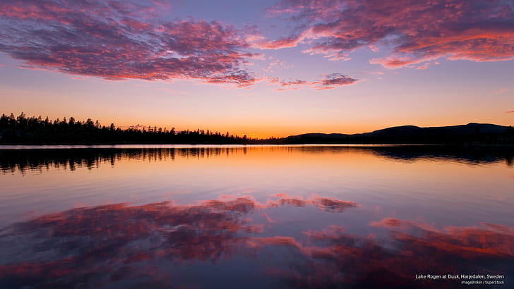 Езеро Роген в здрач, Harjedalen, Швеция, изгреви / залези, HD тапет