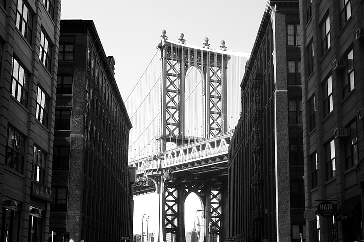 Нью-Йорк, Бруклин, Манхэттенский мост, городской, монохромный, США, HD обои