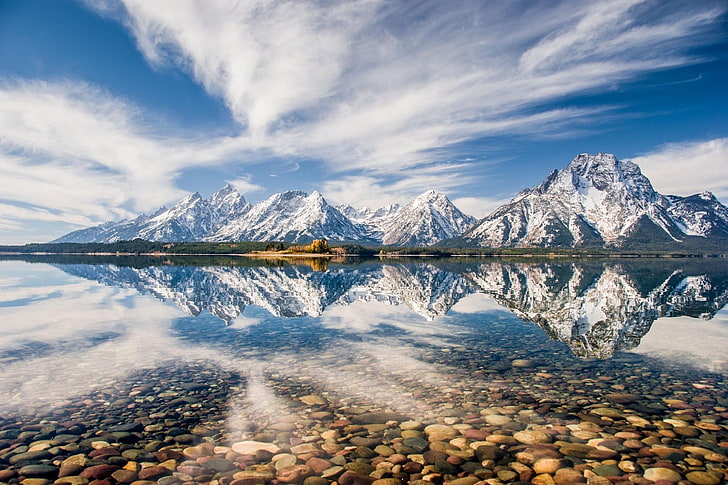 nature, landscape, lake, mountains, water, reflection, snowy peak, clouds, Grand Teton National Park, Wyoming, HD wallpaper