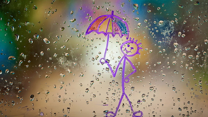 분홍색과 흰색 꽃 그림, 삽화, 물방울, 우산, HD 배경 화면
