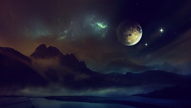 гора в полнолуние цифровые обои, космос, планета, свет, ночь, небо, HD обои