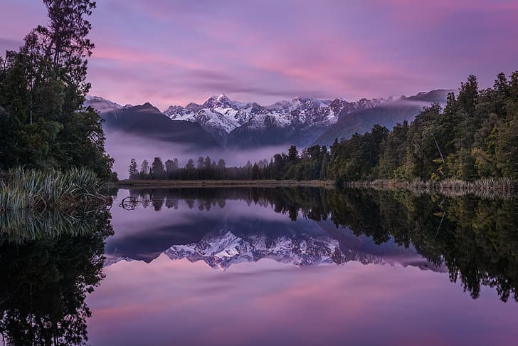 Wald, Berge, See, Reflexion, Morgendämmerung, Morgen, Neuseeland, Lake Matheson, Südalpen, HD-Hintergrundbild