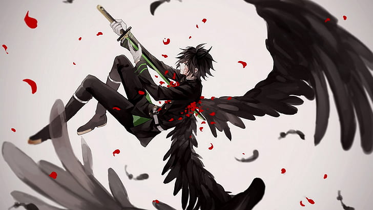 wings, angel, sword, anime, art, Owari no Seraph, the last Seraphim, Yuichiro, HD wallpaper
