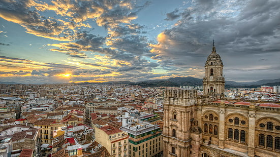 空、都市の景観、雲、マラガ、市街地、ヨーロッパ、スペイン、アンダルシア、地平線、 HDデスクトップの壁紙 HD wallpaper