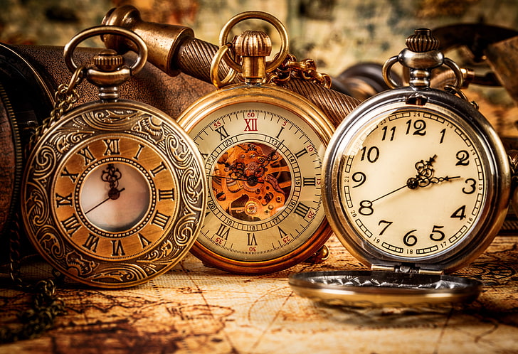 three gold-and-silver-colored pocket watches, division, time zones, usa, act on standard time, clocks, HD wallpaper