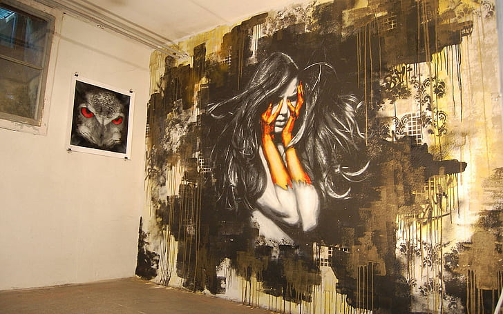 Frauengraffiti, Malerei des schwarzen Haares der Frau, künstlerisch, 2560x1600, Graffiti, Frau, HD-Hintergrundbild