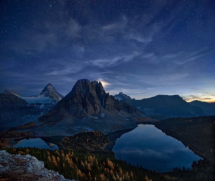 ฤดูใบไม้ร่วง ท้องฟ้า ดาว ภูเขา กลางคืน หิน แคนาดา ทะเลสาบ, วอลล์เปเปอร์ HD