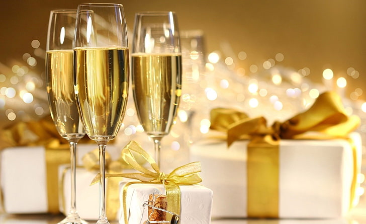 Champagne, New Year, three clear flute glasses, Holidays, New Year, new years eve, Champagne, 2012 new year, HD wallpaper