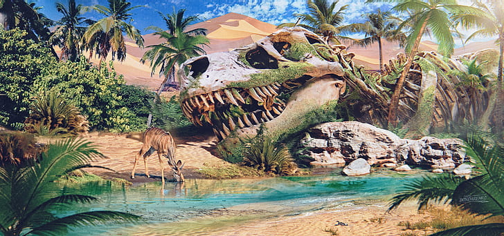 Павел Бондаренко, рисунка, динозаври, вкаменелости, оазис, елени, природа, пустиня, вода, пиене, пясък, храсти, палми, кости, зъби, HD тапет
